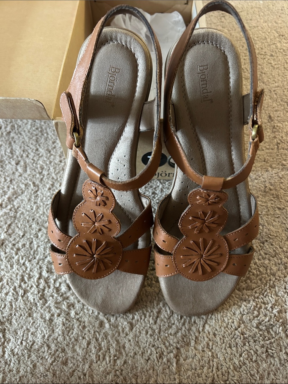Bjorndal Tan Leather Floral Medallion Slingback Sandals